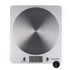 Silver digital kitchen scale with circular stainless steel platform, battery included.