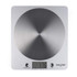 Silver digital kitchen scale with round brushed metal platform, front view.