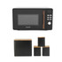Black microwave and four black storage canisters with wooden lids