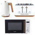 Salter white kettle, 4-slice toaster, and microwave set with wood-effect accents