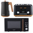 Set of 3 Salter kitchen appliances in matte black with wood trim: kettle, toaster, and microwave
