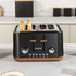 Black microwave with wood effect handle, front view showing control panel and buttons