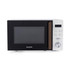 White microwave oven with black door, wood-effect handle, and silver control panel
