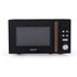 Black microwave oven with wood-effect handle and digital controls, front view