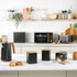 Black microwave oven with wood-effect handle, shown from angle. Dimensions: 29.5 D x 44 W x 25.5 H cm.