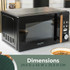 Black microwave oven with wood-effect handle, shown from angle. Dimensions: 29.5 D x 44 W x 25.5 H cm.