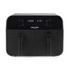 Black digital dual air fryer with touch controls and twin baskets, front view