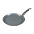 Grey non-stick crepe pan with speckled finish, shown at an angle on a white background.
