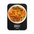 Digital kitchen scale showing 176 grams, with tri-colour penne pasta in a white bowl