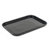 Rectangular black oven tray with raised edge, shown at an angle on white background