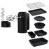 Black hand mixer set with beaters, dough hooks, rack, and seven baking trays.