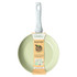 Green non-stick wok with grey handle, shown at angle on white background