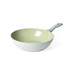 Green non-stick wok with grey handle, shown at angle on white background