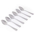 Set of six silver stainless steel dessert spoons on white background
