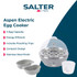 Grey electric egg cooker with six eggs, Salter brand, on kitchen worktop