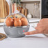 Grey electric egg cooker with transparent lid and two poaching trays