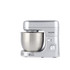 Silver stand mixer with large mixing bowl, side view, suitable for baking
