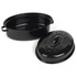 Black enamel roaster with cooked chicken, matching tray with roast potatoes on kitchen counter