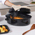 Black oval roasting tin with lid, 39.6cm wide with handles, enamel finish, shown with dimensions