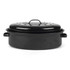 Black oval roasting pan with lid, shown open, suitable for oven cooking.