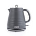 Grey ribbed electric kettle with loop handle, shown on white background