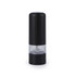 Black electric salt or pepper grinder with clear base, shown upright on white background