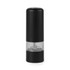 Black electric salt or pepper grinder with clear base, shown upright on white background