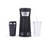 Black single-serve coffee maker with travel mug and clear tumbler, front view