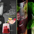 Black blender with mint, lime and ice, shown with three cocktails and bar tools on black background