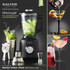 Assorted cocktails in various glasses with fruit and herb garnishes on black background