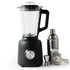 Black blender with glass jug, shown with cocktail shaker, jigger and strainer