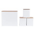Set of four white kitchen storage canisters with bamboo lids, shown in different sizes.