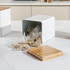 White square storage tin with wooden lid, open and filled with herbal tea bags.