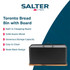 Black metal bread bin with wooden base and handle, rectangular shape