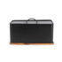 Black metal bread bin with handle and wooden base, shown from the front.