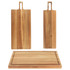 Set of three rectangular acacia wood chopping boards with handles, plain finish.