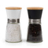 Set of Salter salt and pepper grinders with bamboo lids, black and white tops.