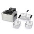 Stainless steel deep fryer with two small baskets and one large basket, shown side by side.