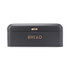 Matte black metal bread bin with gold handle and raised 'BREAD' text, lid open.