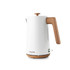 White electric kettle with wood-effect handle and base, side view