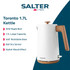 White and wood effect electric kettle on kitchen counter