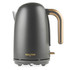 Matte black electric kettle with gold handle, front view, Salter branding visible