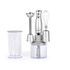 Silver hand blender set with whisk, blender attachments and measuring cups