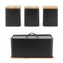 Set of three black kitchen storage tins and matching bread bin with wood lids