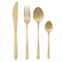 Set of four gold stainless steel cutlery pieces: knife, fork, tablespoon and teaspoon.