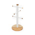 White and wood mug tree for kitchen worktop, holds six mugs.