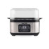 Electric egg cooker with digital display, stainless steel finish, clear lid, front view