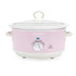 Pink electric slow cooker with lid and dial, shown from front.