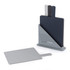 Set of three grey chopping boards in stand, each with tab for different food type.