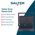 Black electric contact grill open, showing ridged plates, for sandwiches or paninis